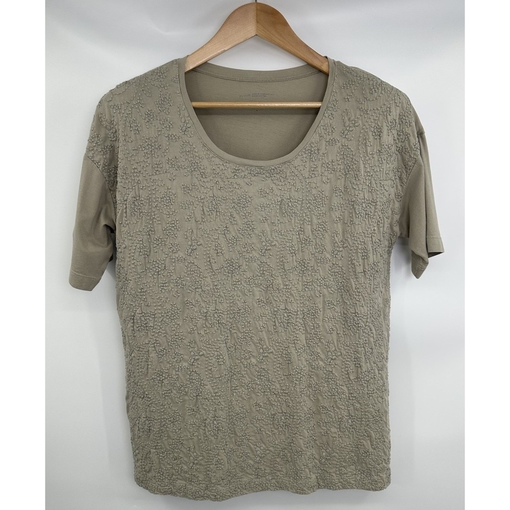 J Jill Tan Brown Embroidered Elbow Sleeve Top Cotton Women's Size Medium